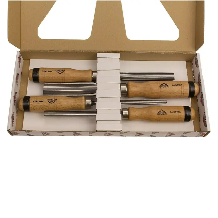 Stubai Hohlbeitel Satz - 4 -tlg. - Set mit Stubai Drechseleisen, mit Holzgriffen. Ideal für professionelle Holzarbeiten und detailreiche Projekte.