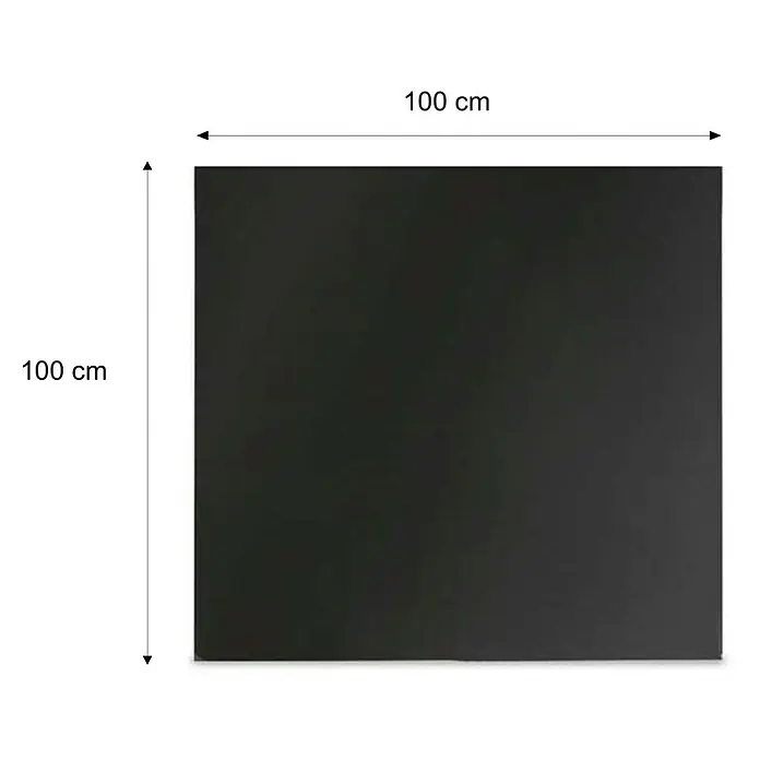 Valo Funkenschutzplatte - 100 x 100 cm, Schwarz, Stahl, Quadratisch - Quadratische, schwarze Platte mit den Maßen 100 cm x 100 cm, dargestellt mit Maßangaben. Ideal für Präsentationen und kreative Projekte.