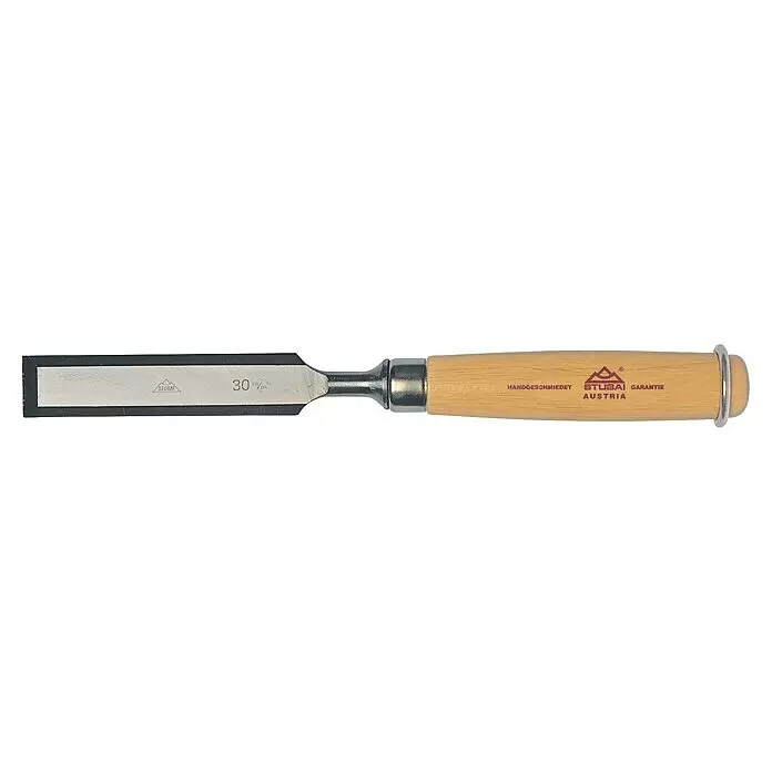 Stubai Stechbeitel 3575 - Klingenbreite: 30 mm, 61 HRC - Holzbearbeitungseisen mit polierter Silberklinge, schwarzen Akzenten, Metallzwinge und hellem Holzgriff.
