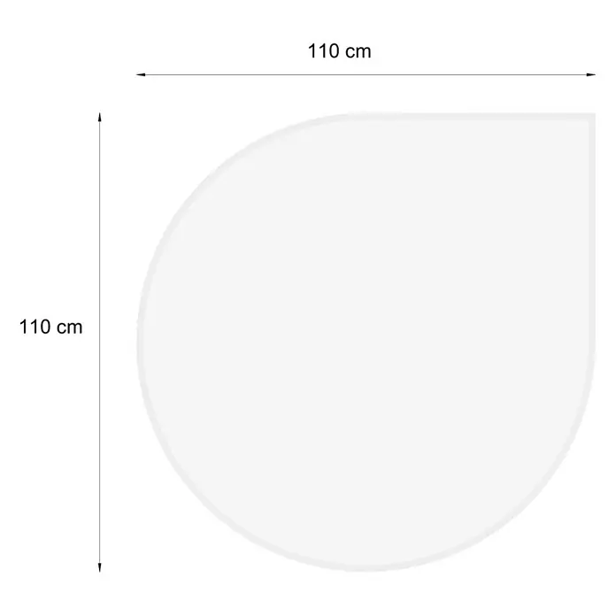 Valo Glasbodenplatte Tropfenförmig - 110 x 110 cm - Abbildung einer quadratischen Duschwanne mit abgerundeter Ecke und den Maßen 110 cm x 110 cm zur Badezimmerplanung.