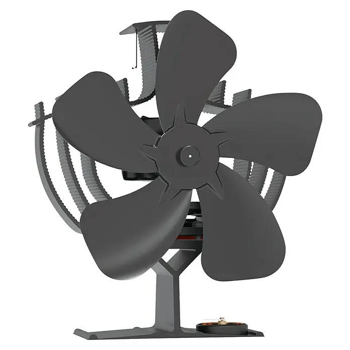 Valo Ofenventilator - Stromlos, 60° Drehend inkl. Temperaturanzeige - Ein detailreiches Bild eines schwarzen Kaminofengebläses mit fünf Flügeln, das Wärme effizient im Raum verteilt.