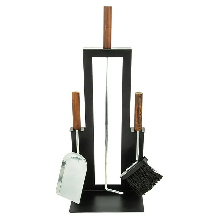 Valo Kamingarnitur Malmö - 24 x 17 x 63 cm, Schwarz - Ein elegantes Kaminbesteck-Set mit Schaufel, Besen und Schürhaken in einem schwarzen Ständer, ideal für die Kaminpflege.
