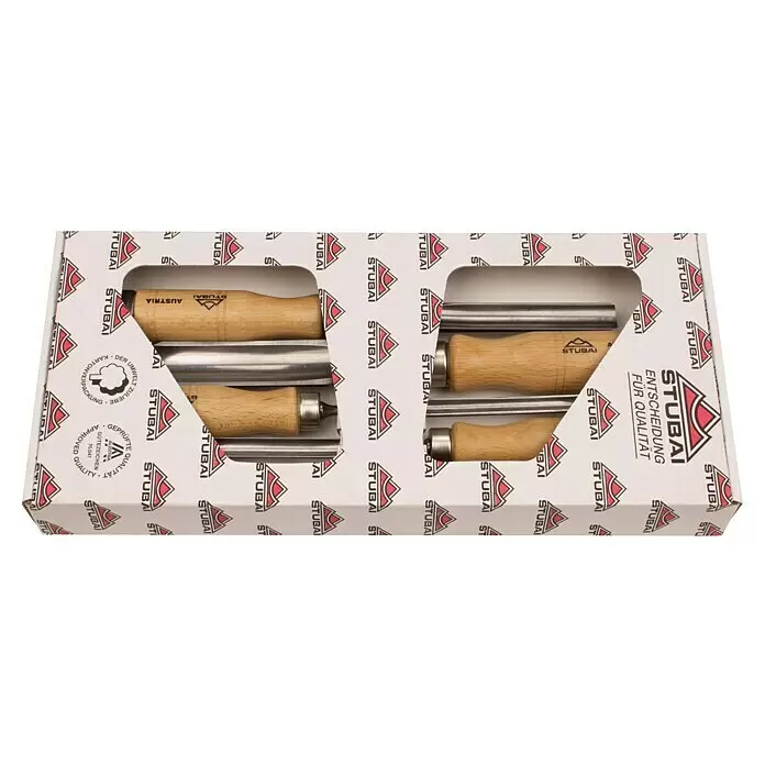Stubai Hohlbeitel Satz - 4 -tlg. - Set Stubai Holzbildhauer-Stecheisen mit Holzgriffen und Metallklingen in Marken-Kartonverpackung.