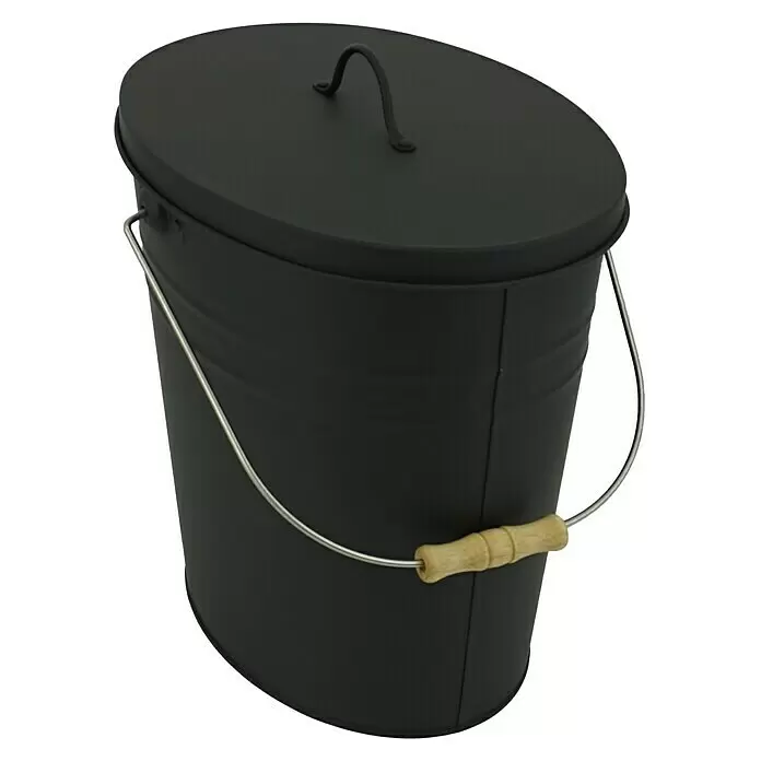 Valo Ascheeimer - Fassungsvermögen: 15 l, Schwarz, Ausstattung: Deckel - Schwarzer ovaler Metalleimer mit Deckel und Metallbügel mit Holzgriff.