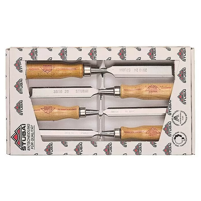 Stubai Stechbeitelsatz - 4 -tlg., Holz - Set von vier Stubai Stechbeiteln mit Holzgriffen und Stahlklingen in einer Kartonverpackung.