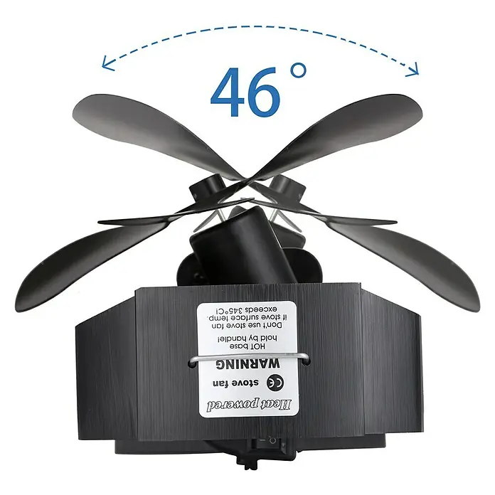 Valo Ofenventilator - Stromlos, Betriebstemperatur: 50 °C - 350 °C - Nahaufnahme eines wärmebetriebenen Ofenventilators mit Warnhinweisen und einer Winkelanzeige von 46 Grad.