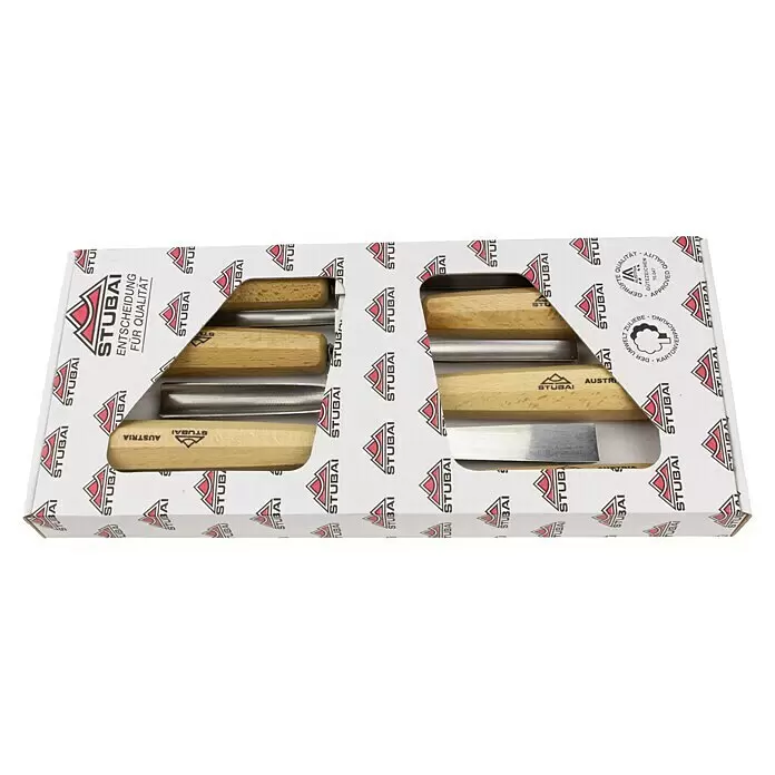 Stubai Stechbeitelsatz - 6 -tlg. - Stubai Holzbildhauerwerkzeug-Set mit Holzgriffen und Metallklingen in weißer Verpackung mit roten Logos.