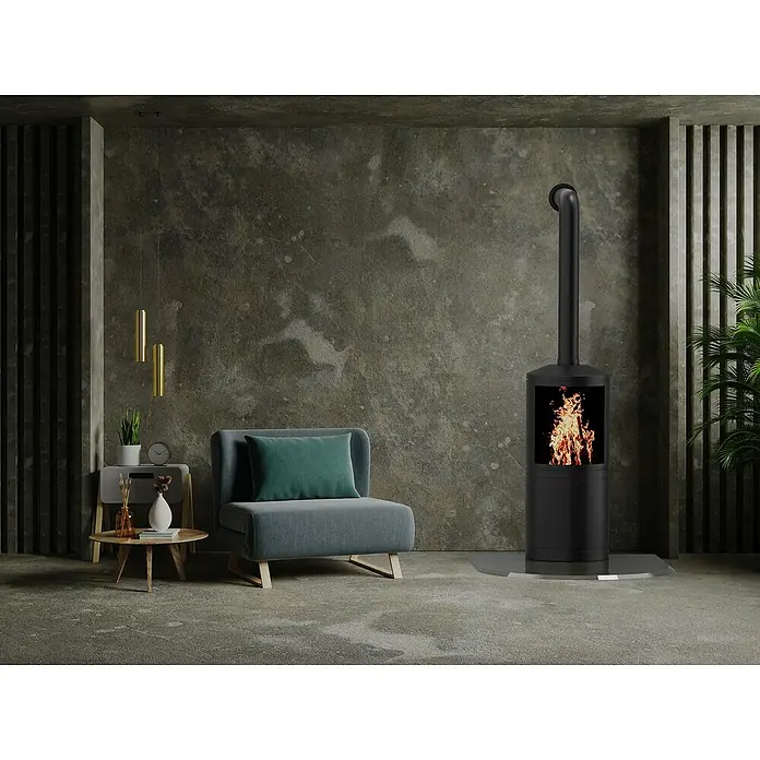 Valo Glasbodenplatte - 120 x 100 cm - Ein modernes Interieur mit einem schlanken, schwarzen Kaminofen als Blickfang, der Wärme und Stil in den Raum bringt.