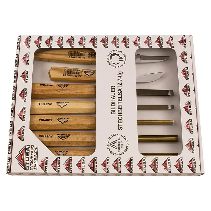 Stubai Stechbeitel-Set für Bastler - 7 -tlg. - Ein STUBAI Bildhauer Stechbeitelsatz mit sieben Teilen, verpackt in einer dekorativen Box.