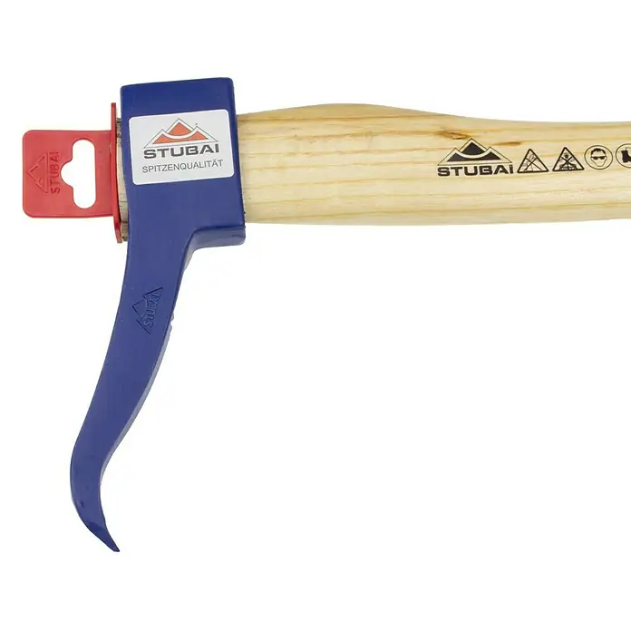Stubai Sappie - Gewicht Kopf: 650 g, Länge Stiel: 450 mm - Nahaufnahme eines Stubai-Eispickels mit blauem Griff und roter Sicherung.