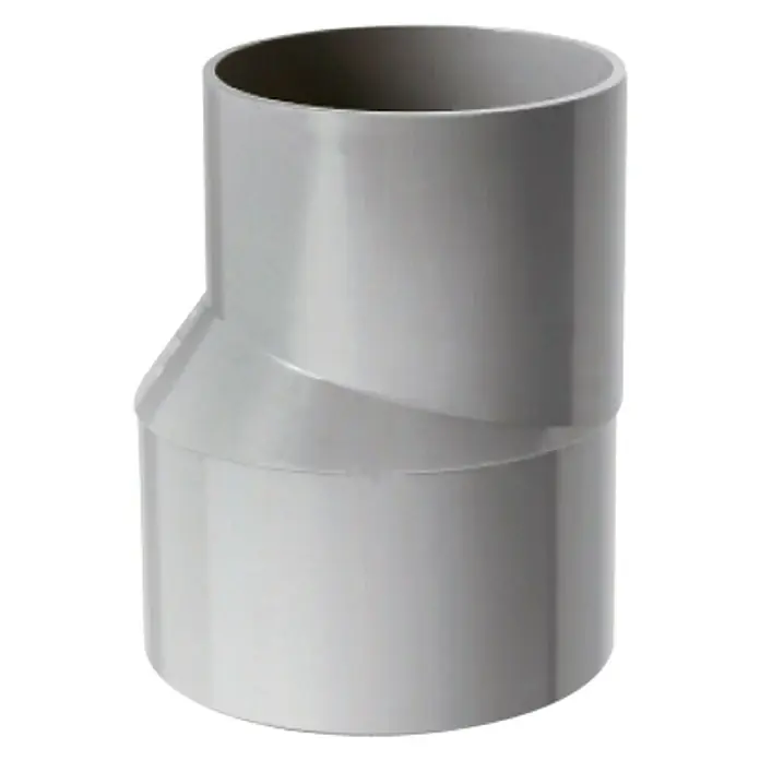 Machón reductor excéntrica M-H - Diámetro: 125 mm, Plástico, 160 mm - Reductor de PVC gris, un conector de tubería para plomería, mostrando detalles del producto.