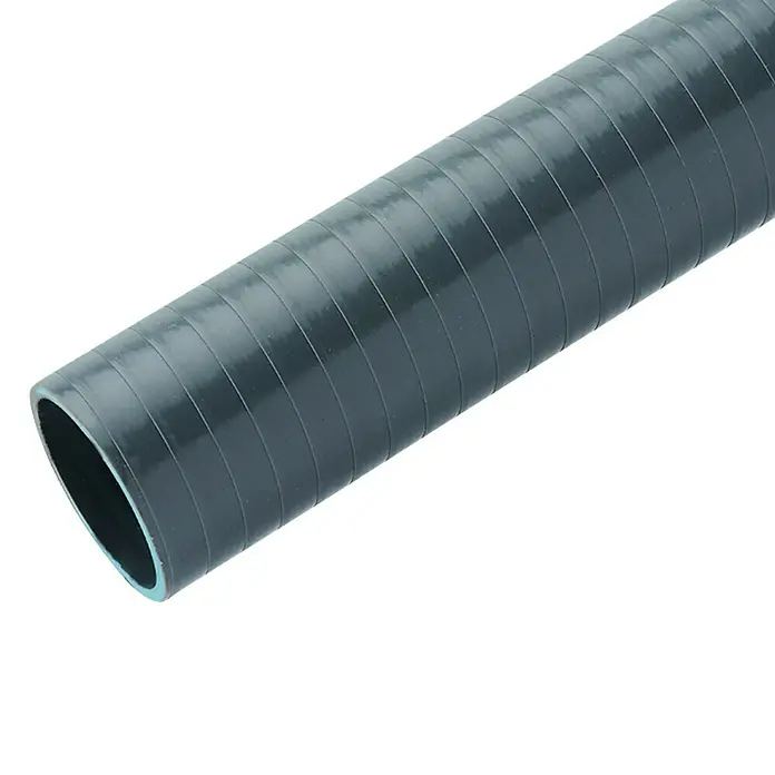 Tubo flexible reforzado - Diámetro del tubo: 32 mm, 1 m, PVC - En la imagen se muestra una manguera de silicona gris con anillos de refuerzo, ideal para usar en diversas aplicaciones industriales.
