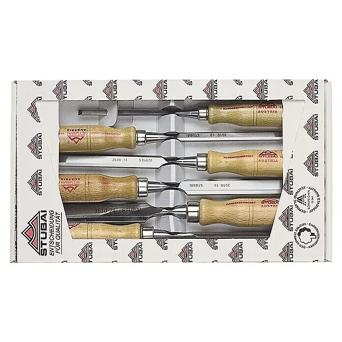 Stubai Stechbeitelsatz - 6 -tlg., Holz - Stubai Stecheisen-Set in Box, mit Holzgriffen und Metallklingen.