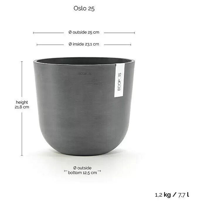Ecopots Oslo Pflanztopf - Außenmaß (Ø x H): 25 x 21,8 cm, Kunststoff, Grau - Dunkelgrauer Ecopots Blumentopf mit matter, strukturierter Oberfläche, Maße, Gewicht und Volumen sind angegeben.