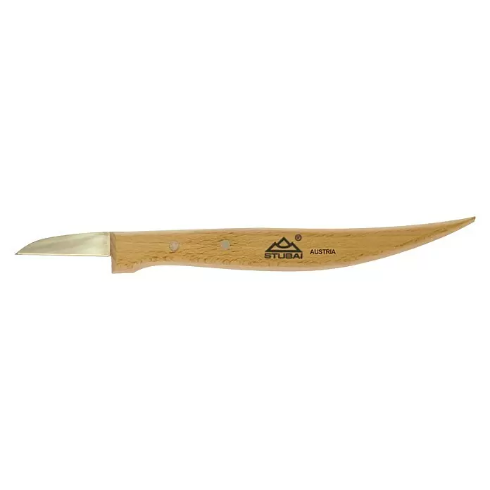 Stubai Schnitzmesser - Form Schneide: Gerade - Schnitzmesser mit hellem Holzgriff und silberner, gekrümmter Klinge. Mit STUBAI-Logo.