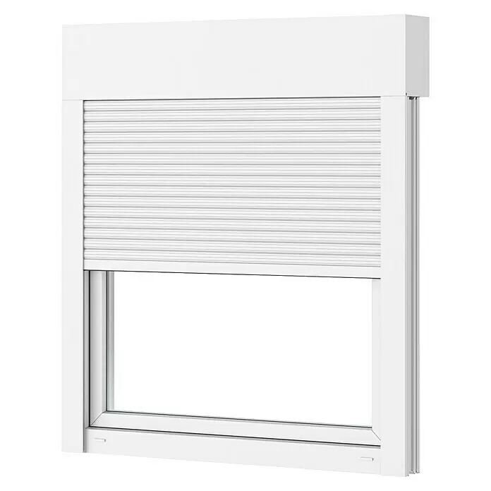 Solid Elements Kunststofffenster - 100 x 117 cm, DIN Anschlag: Rechts, Weiß, Integrierter Aufsatzrollladen - Weißer Rollladen, teilweise geöffnet, in einen weißen Fensterrahmen integriert.