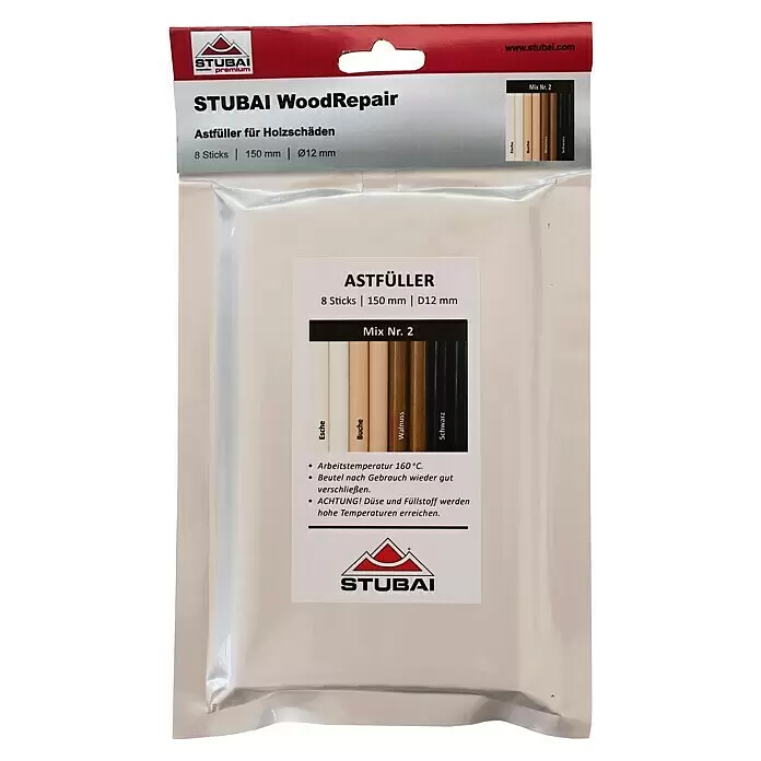 Stubai Reparaturmasse - 8 Stk., Mehrfarbig - STUBAI WoodRepair Set mit 8 Holzfüllerstiften in Esche, Buche, Walnuss und Schwarz, 150mm lang, Ø12mm, in transparenter Verpackung.