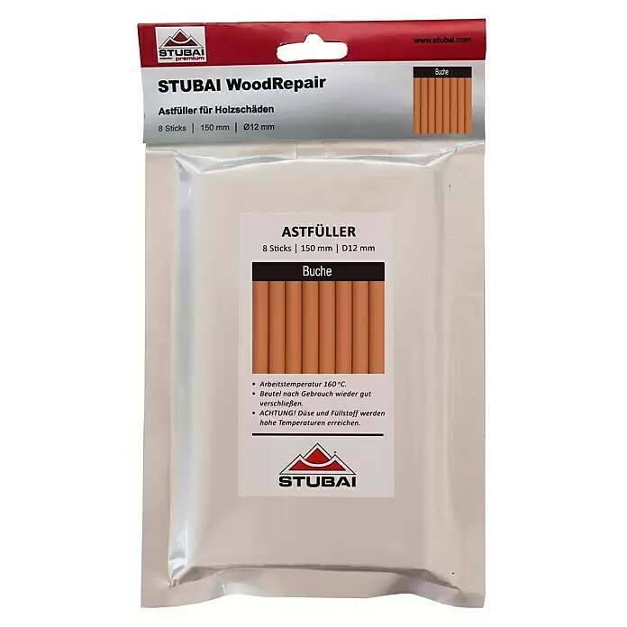 Stubai Reparaturmasse - 8 Stk., Buche - STUBAI WoodRepair Astfüller, 8 braune Holzreparaturstäbchen (Buche), 150mm x Ø12mm, in klarer Verpackung.