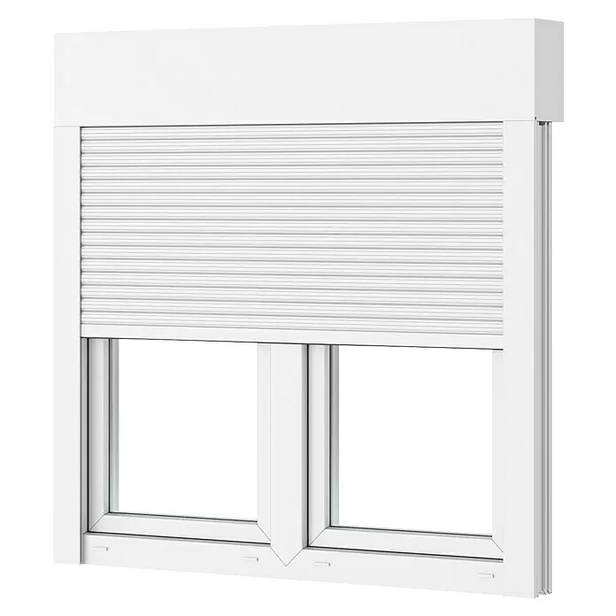 Solid Elements Kunststofffenster - 120 x 137 cm, DIN Anschlag: Links/Rechts, Weiß, Integrierter Aufsatzrollladen - Weißes Fenster mit teilweise heruntergelassenem Rollladen.
