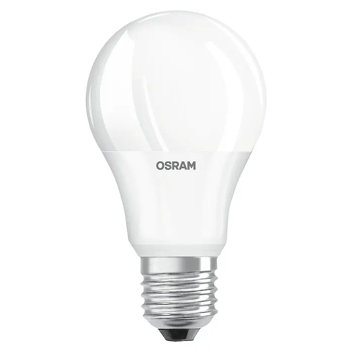 Osram LED-Lampen Set Glühlampenform E27 matt - E27, Nicht Dimmbar, Warmweiß, 806 lm, 9 W, 5 Stk. - Eine OSRAM LED-Lampe mit weißem Glaskolben und silberfarbenem Schraubsockel vor schwarzem Hintergrund.