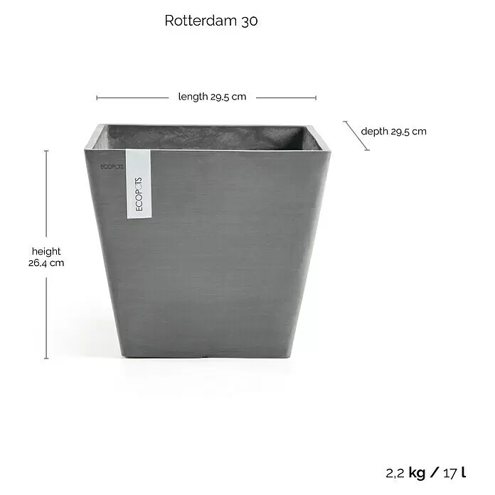 Ecopots Rotterdam Pflanzkasten - Außenmaß (L x B x H): 29,5 x 29,5 x 26,4 cm, Kunststoff, Grau - Grauer Ecopots Rotterdam 30 quadratischer Pflanzkübel. L 29,5 cm, T 29,5 cm, H 26,4 cm, 2,2 kg, 17 L.