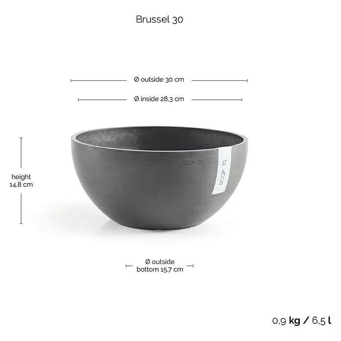 Ecopots Brussels Pflanzschale rund - Außenmaß (Ø x H): 30 x 14,8 cm, Kunststoff, Grau - Dunkelgrauer, schalenförmiger Ecopots-Pflanztopf mit angegebenen Höhen-, Durchmesser-, Gewichts- und Volumenmaßen.