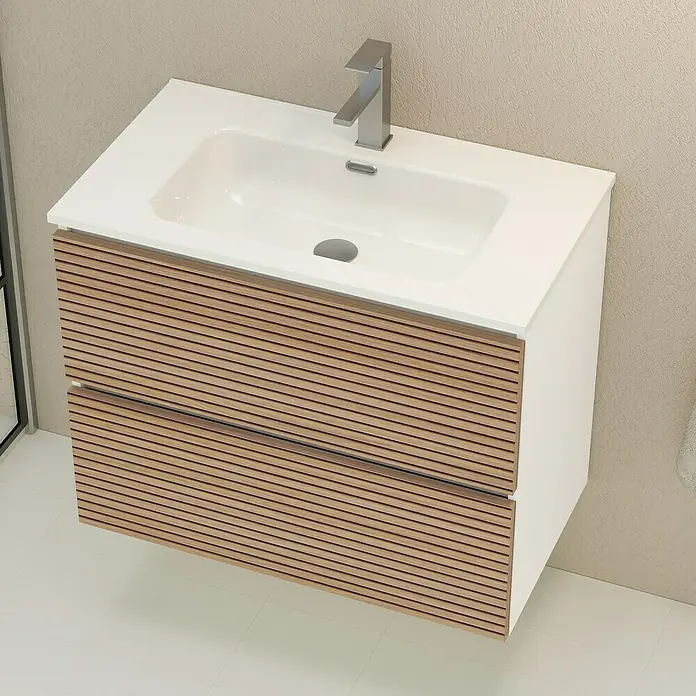 Artysan Mueble bajo de lavabo Osaka - L x An x Al: 46 x 80 x 64 cm, Blanco/Nogal - Un moderno tocador de baño con un lavabo elegante y un diseño de listones de madera con estilo. Perfecto para añadir un toque de elegancia.