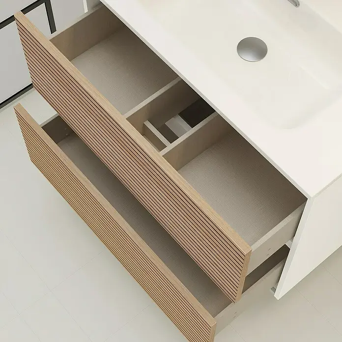 Artysan Mueble bajo de lavabo Osaka - L x An x Al: 46 x 80 x 64 cm, Blanco/Nogal - Lavabo de baño moderno con cajones abiertos. El diseño destaca por sus líneas limpias y tonos de madera natural.