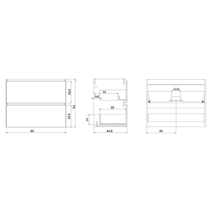 Artysan Mueble bajo de lavabo Osaka - L x An x Al: 46 x 80 x 64 cm, Blanco/Nogal - Diagrama de un sistema de cajones de dos niveles con medidas de ancho, alto y profundidad, ideal para la organización en la oficina o en el hogar.