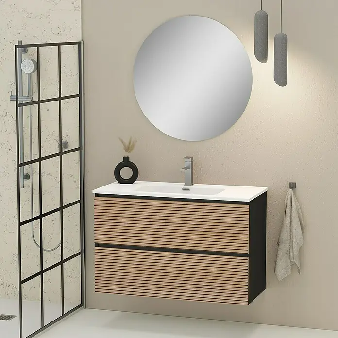 Artysan Mueble bajo de lavabo Osaka - L x An x Al: 46 x 100 x 64 cm, Negro/Nogal - Mueble de lavabo con espejo y toallero. El lavabo tiene un diseño moderno y un espejo redondo.