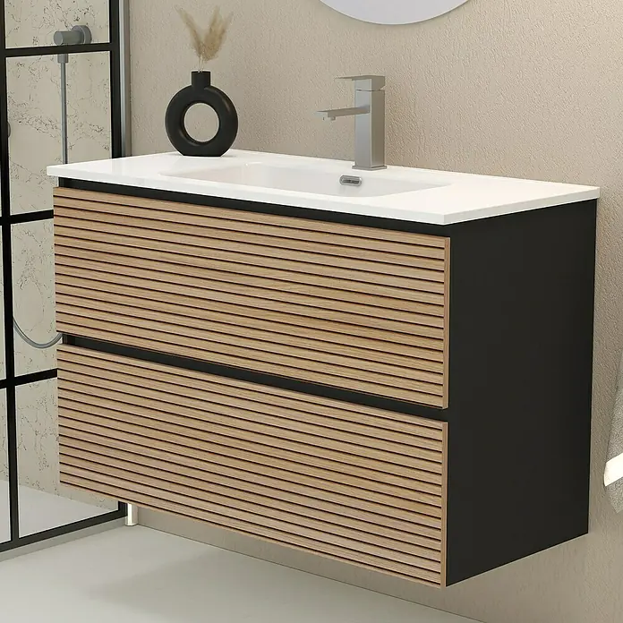 Artysan Mueble bajo de lavabo Osaka - L x An x Al: 46 x 100 x 64 cm, Negro/Nogal - Un moderno mueble de baño con dos cajones de listones de madera y una encimera blanca con lavabo.