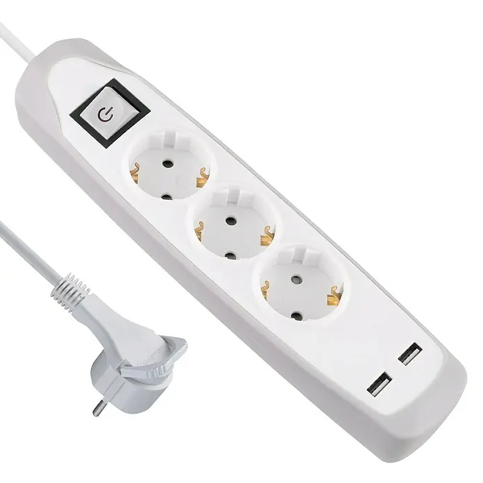 Electraline Base de enchufe múltiple con USB Gummy - Número de enchufes Schuko: 3 ud., Blanco/gris, Longitud del cable: 2 m, Con interruptor - Regleta triple con dos puertos USB e interruptor de encendido/apagado, ideal para un uso versátil en el hogar o la oficina.