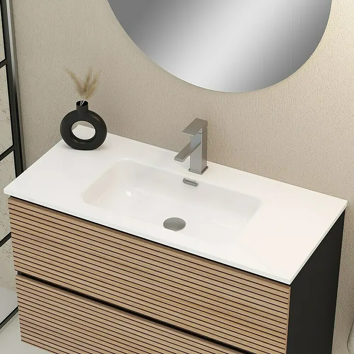 Artysan Mueble bajo de lavabo Osaka - L x An x Al: 46 x 100 x 64 cm, Negro/Nogal - Lavabo de baño moderno con mueble de lavabo con aspecto de madera y lavabo encastrado blanco bajo un espejo redondo.