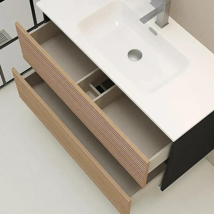 Artysan Mueble bajo de lavabo Osaka - L x An x Al: 46 x 100 x 64 cm, Negro/Nogal - Elegante lavabo con cajones de madera abiertos. El diseño moderno combina funcionalidad con una estética elegante para un ambiente de baño atractivo.