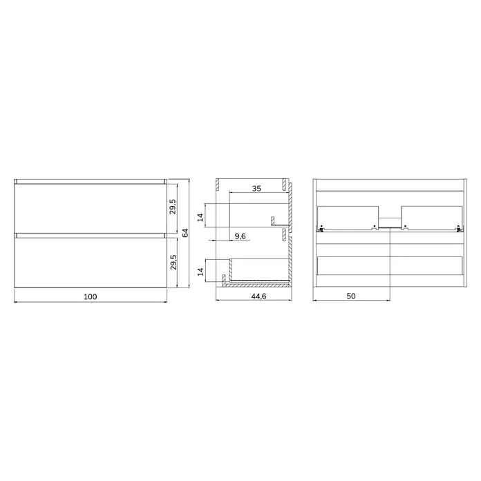 Artysan Mueble bajo de lavabo Osaka - L x An x Al: 46 x 100 x 64 cm, Negro/Nogal - Dibujo técnico detallado de un armario con cajones, incluyendo las medidas de ancho, alto y profundidad.