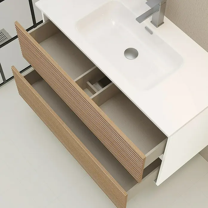 Artysan Mueble bajo de lavabo Osaka - L x An x Al: 46 x 100 x 64 cm, Blanco/Nogal - Imagen de un moderno mueble de baño con lavabo y dos cajones abiertos, destacando su diseño de madera y acabado blanco.