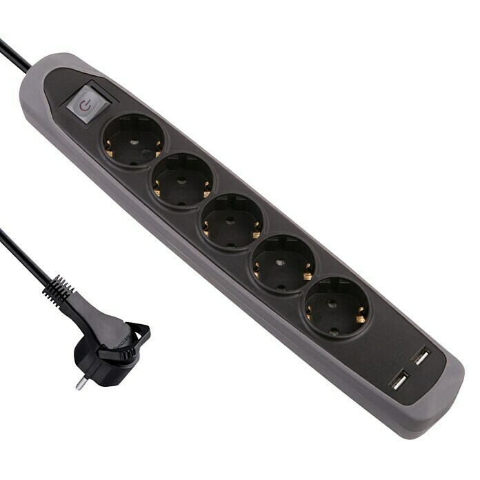 Electraline Base de enchufe múltiple con USB Gummy (5, Negro/Gris, Longitud del cable: 2 m)