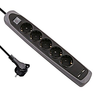 Electraline Base de enchufe múltiple con USB Gummy (Número de enchufes Schuko: 5 ud., Negro/Gris, Longitud del cable: 2 m)