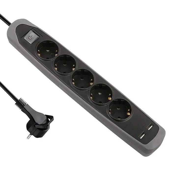 Electraline Base de enchufe múltiple con USB Gummy - Número de enchufes Schuko: 5 ud., Negro/Gris, Longitud del cable: 2 m, Con interruptor - Regleta de enchufes con cinco salidas y dos puertos USB para dispositivos. Ideal para conectar varios dispositivos simultáneamente.