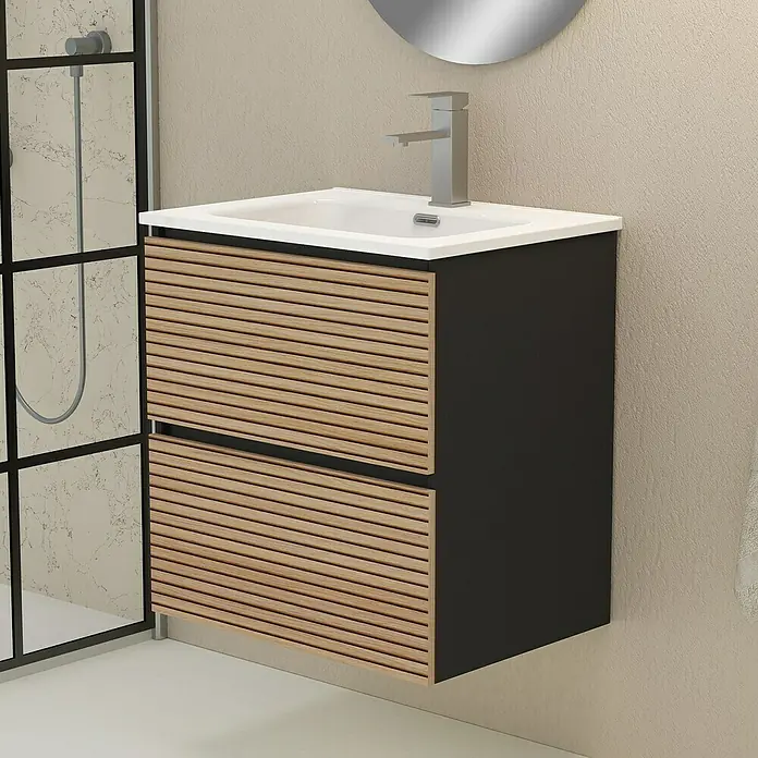 Artysan Mueble bajo de lavabo Osaka - L x An x Al: 46 x 60 x 64 cm, Negro/Nogal - Aquí hay un mueble de baño con lavabo, con cajones con aspecto de madera y un marco negro, ideal para baños modernos.
