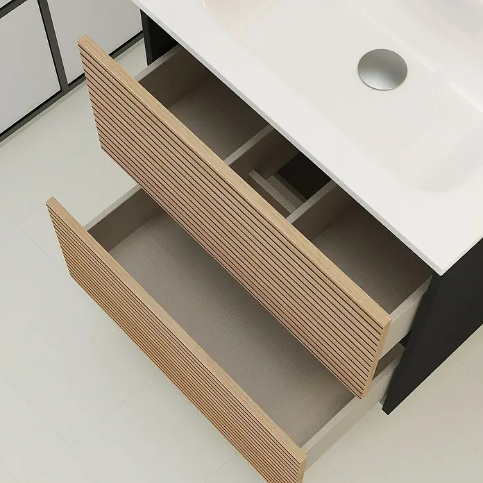 Artysan Mueble bajo de lavabo Osaka - L x An x Al: 46 x 60 x 64 cm, Negro/Nogal - Primer plano de un mueble de baño con dos cajones abiertos, que destaca su diseño moderno y listado.