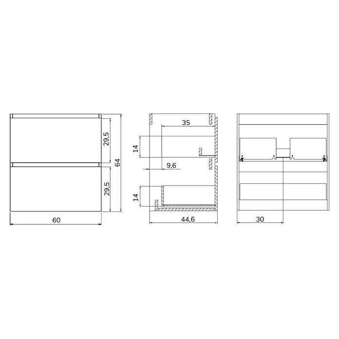 Artysan Mueble bajo de lavabo Osaka - L x An x Al: 46 x 60 x 64 cm, Blanco/Nogal - Dibujo técnico de un armario con cajones, con dimensiones detalladas para la planificación y la construcción.