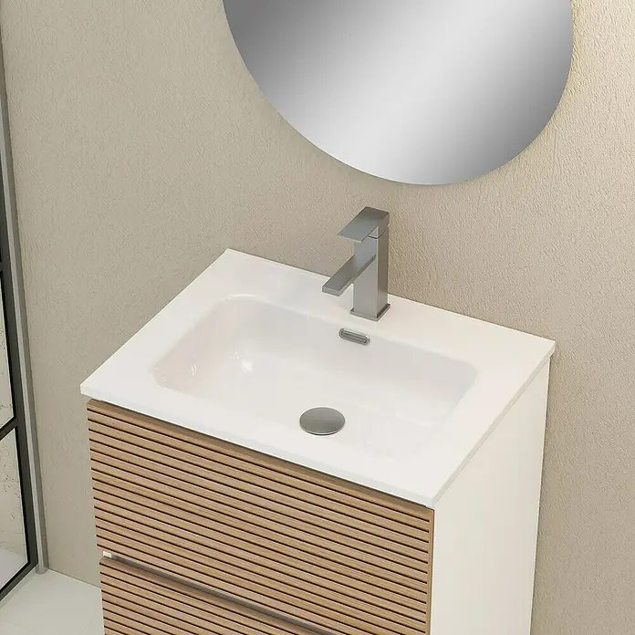 Artysan Mueble bajo de lavabo Osaka - L x An x Al: 46 x 60 x 64 cm, Blanco/Nogal - Mueble de lavabo moderno con frontal de madera y espejo redondo para un baño elegante. El mueble ofrece un espacio de almacenamiento práctico.