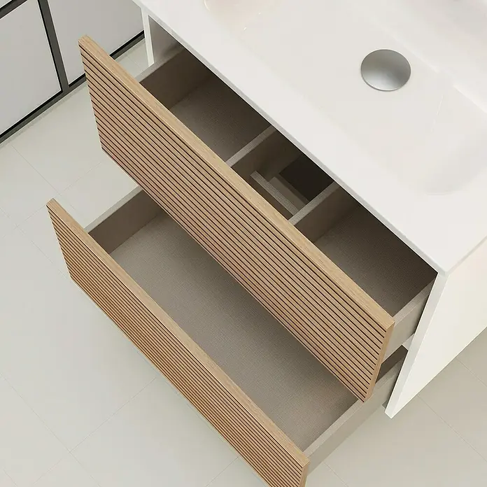 Artysan Mueble bajo de lavabo Osaka - L x An x Al: 46 x 60 x 64 cm, Blanco/Nogal - Imagen de un mueble de lavabo con dos cajones abiertos y un elegante frente con listones.