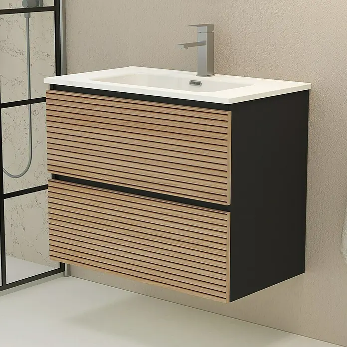 Artysan Mueble bajo de lavabo Osaka - L x An x Al: 46 x 80 x 64 cm, Negro/Nogal - Mueble de lavabo moderno con cajones de madera y encimera blanca. Diseño contemporáneo para baños elegantes.