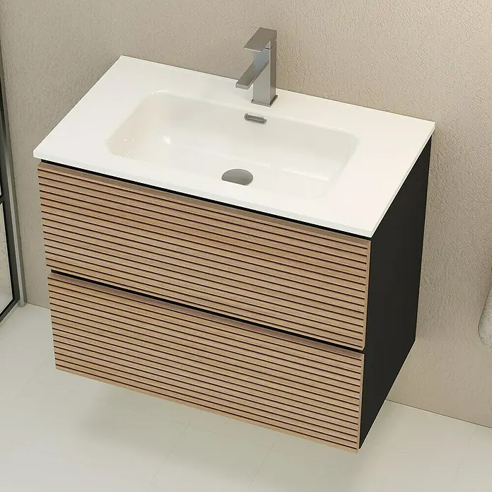 Artysan Mueble bajo de lavabo Osaka - L x An x Al: 46 x 80 x 64 cm, Negro/Nogal - Un moderno mueble de baño con dos cajones de estilo madera y un lavabo de encimera blanco.