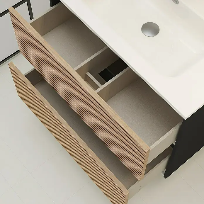 Artysan Mueble bajo de lavabo Osaka - L x An x Al: 46 x 80 x 64 cm, Negro/Nogal - Vista superior de un tocador de baño con dos cajones abiertos, que muestra un diseño moderno con detalles de madera laminada.