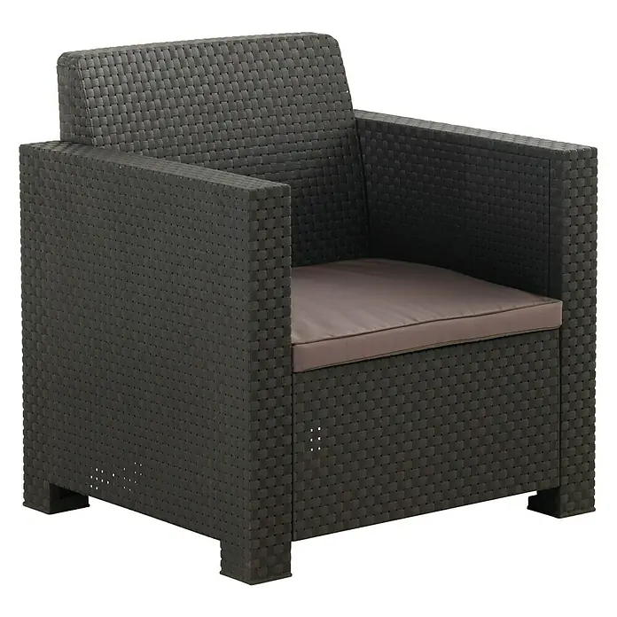 Shaf Conjunto de muebles Evo - 4 pzs., Polipropileno, Antracita - Aquí hay un elegante sillón de ratán, completo con un cojín gris, que ofrece comodidad y elegancia a cualquier espacio.