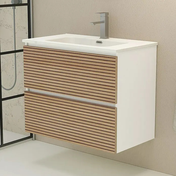 Artysan Mueble bajo de lavabo Osaka - L x An x Al: 46 x 80 x 64 cm, Blanco/Nogal - Elegante lavabo de baño con diseño moderno de listones de madera y mueble bajo blanco. Ideal para baños con estilo.