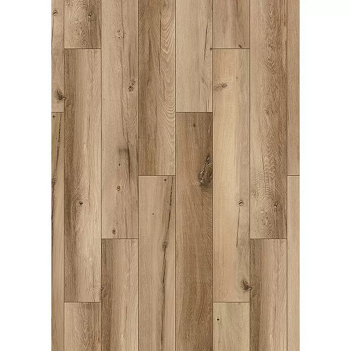 Krono Original Laminat Organic Flex - Hazel Range Oak, Landhausdiele, 1.288 x 189 x 7 mm - Hellbrauner Dielenboden mit sichtbarer Maserung und Ästen, rustikaler, natürlicher Holzoptik.
